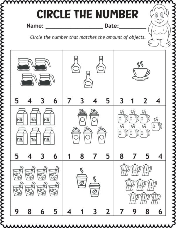 Pre-K student worksheet showing numbers 0 through 10 to circle for a math assessment