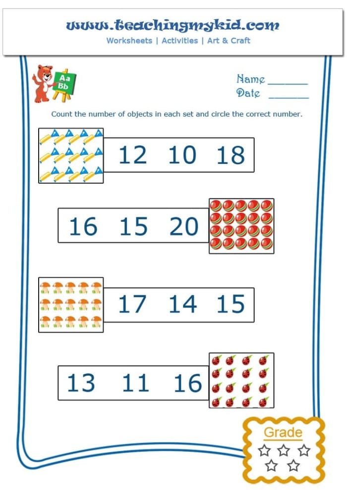 Pre-K math worksheet featuring a variety of numbers from zero to ten for students to identify and circle