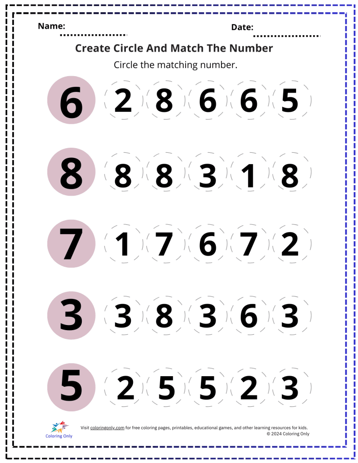Pre-K math worksheet featuring a variety of numbers from 0 to 10 for students to circle