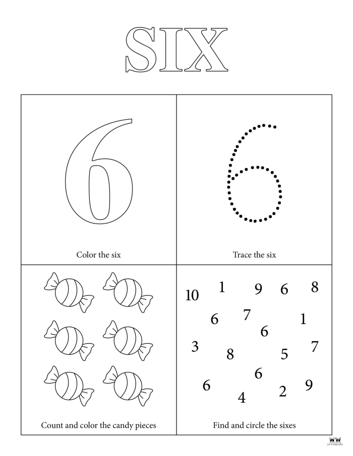 Pre-K student worksheet focusing on counting and identifying the number six for early life science lessons