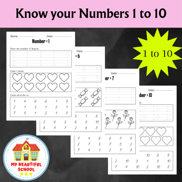 Pre-K early math worksheet featuring tracing and counting activities for the number ten