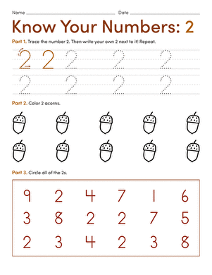 A colorful pre-k math worksheet designed to help young children learn to identify and write the number 2