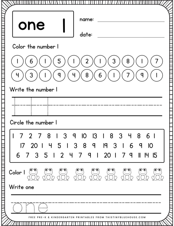 Pre-K student practicing writing numbers one through ten in multiple formats on a worksheet