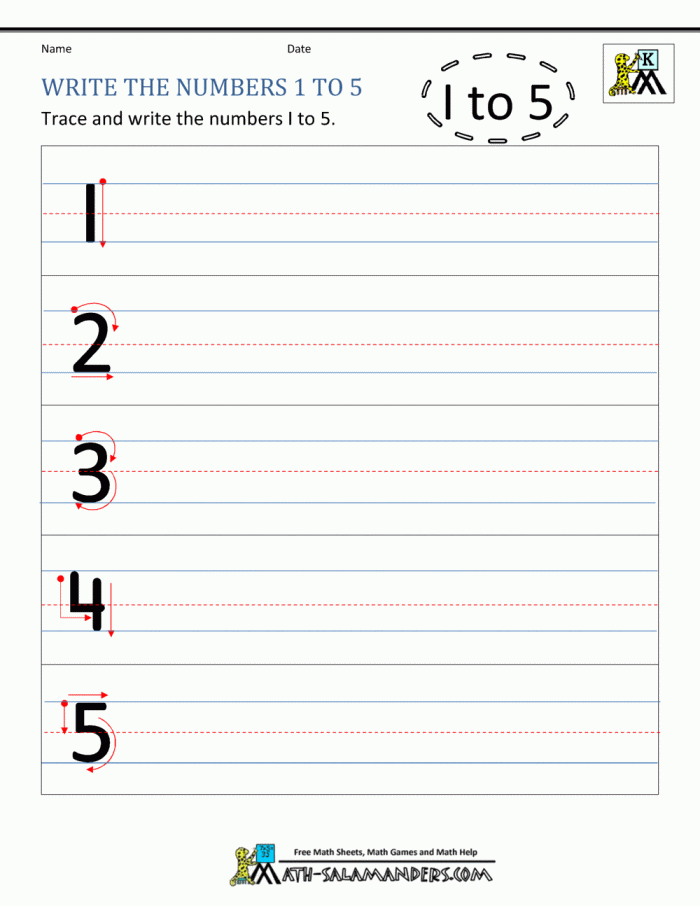 Pre-K student practicing writing numbers one through ten in different formats on a worksheet activity