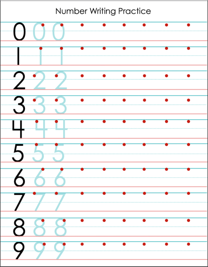 Pre-K student practicing writing numbers one through ten in multiple formats on a worksheet activity