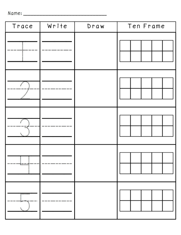 Pre-K student practicing writing numbers one through ten in different formats on a worksheet