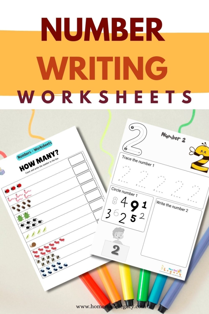 Pre-K student practicing writing numbers one through ten in different formats on a learning worksheet