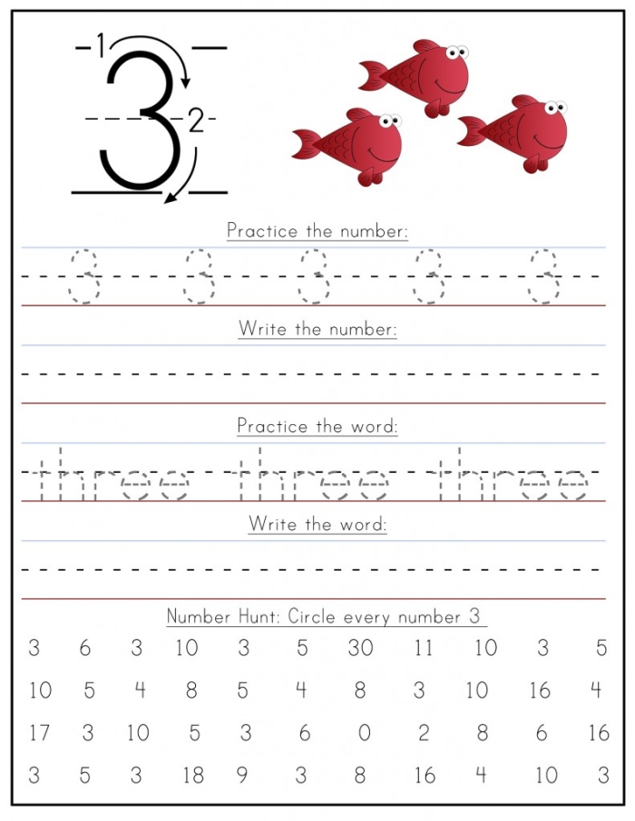 Pre-K student practicing writing the first ten numbers in a variety of ways on a worksheet
