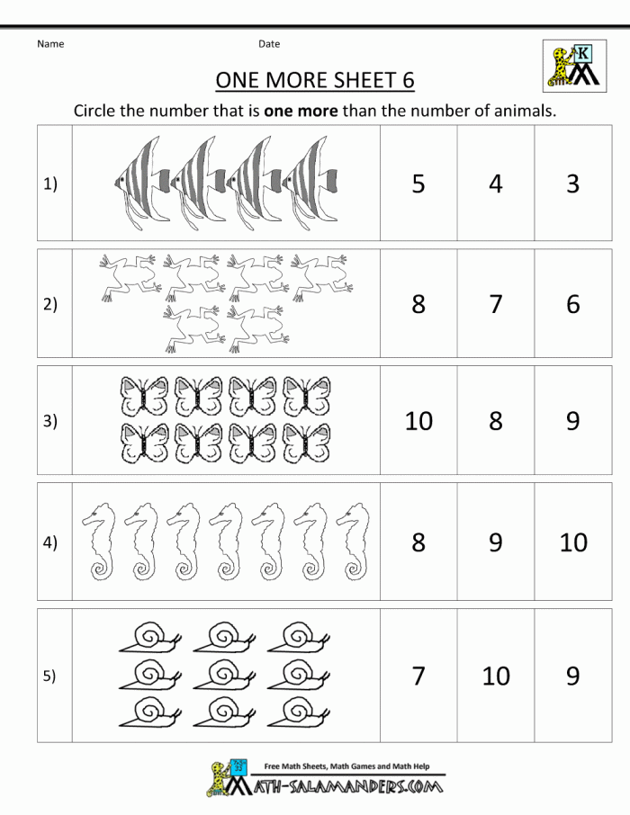 Matching Numbers One More Practice Activity for Pre-K Students Image 12 Preschool worksheet showing number matching activity with objects and numbers to practice counting one more