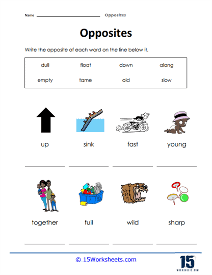Worksheet featuring images for matching opposites, designed for Pre-K sight word practice. Opposites Matching This and That worksheet for young learners.