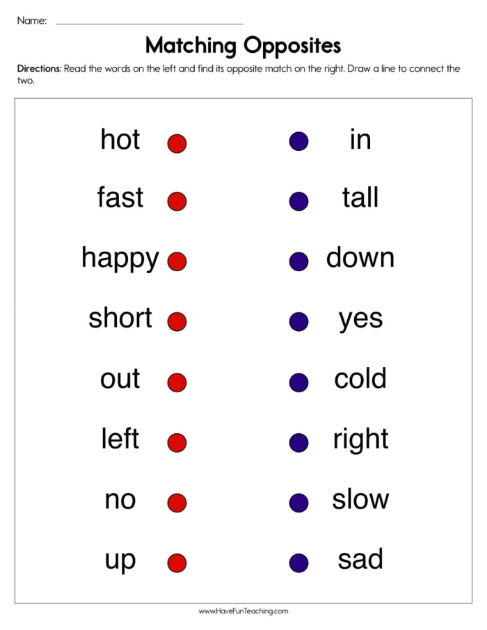 Pre-K worksheet showing pictures to match pairs of opposites like sunrise and sunset for early literacy practice