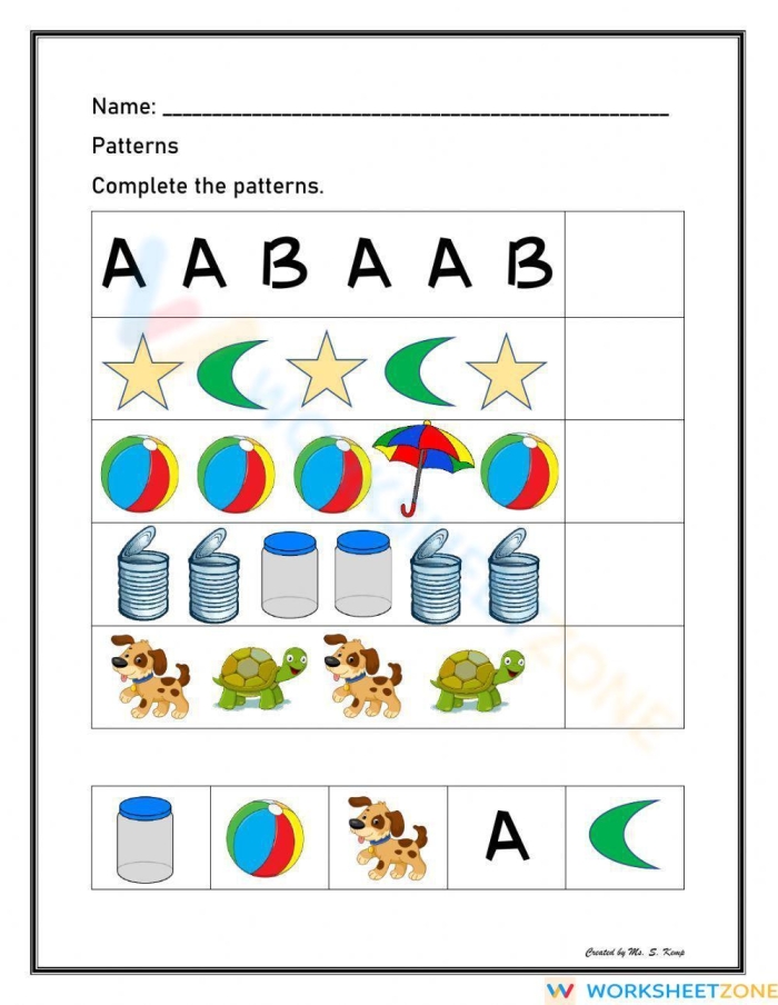 All About Patterns Math Activity for Preschool Learners Pre-K students identifying and completing color and shape patterns on a math assessment worksheet