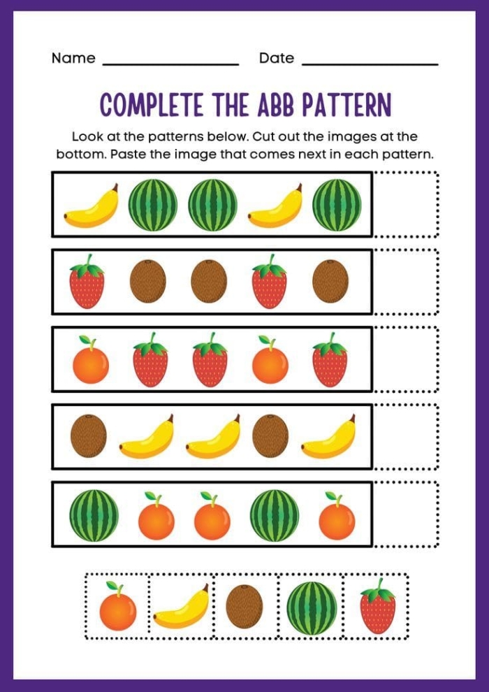 All About Patterns Assessment Activity for Preschool Learners Children completing pattern recognition activities with colorful shapes and sequences on a Pre-K math worksheet