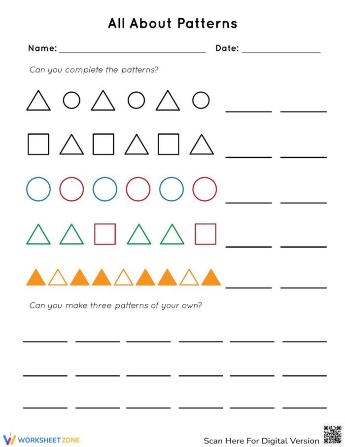 All About Patterns Math Assessment for Preschool Learners Image 21 Pre-K students completing pattern recognition activities with colorful shapes and sequences on a math worksheet