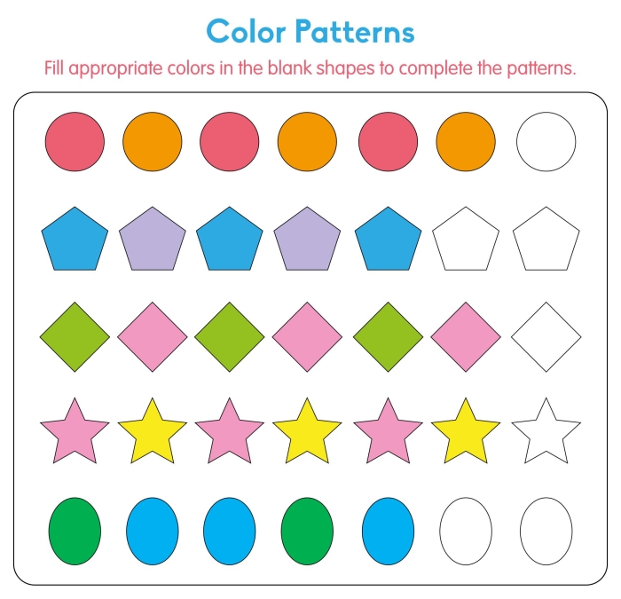 All About Patterns Worksheet 16 for Preschool Math Pre-K math worksheet focused on identifying and completing various repeating patterns