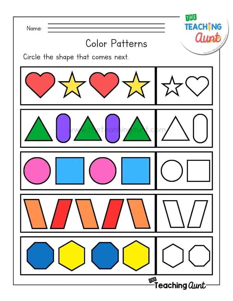 All About Patterns worksheet number 18 for early childhood measurement skills Pre-K math worksheet focused on identifying and completing AB and ABC patterns