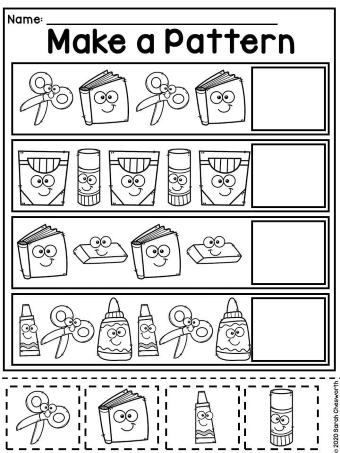 All About Patterns worksheet for early childhood math development five Pre-K math worksheet that tests understanding of simple patterns for measurement skills