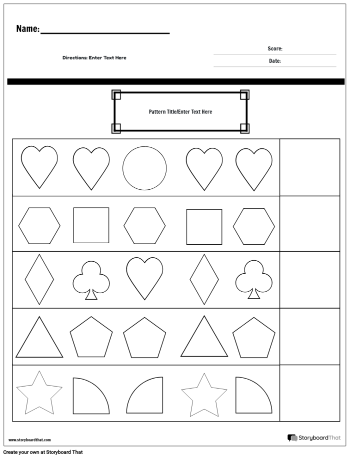 All About Patterns Math Activity Sheet 19 Pre-K math worksheet focused on identifying and completing simple patterns