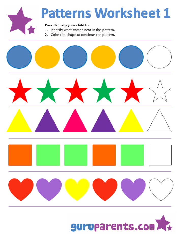 All About Patterns Worksheet Number Ten for Early Math Skills Pre-K math worksheet focused on identifying and completing sequences of shapes and colors