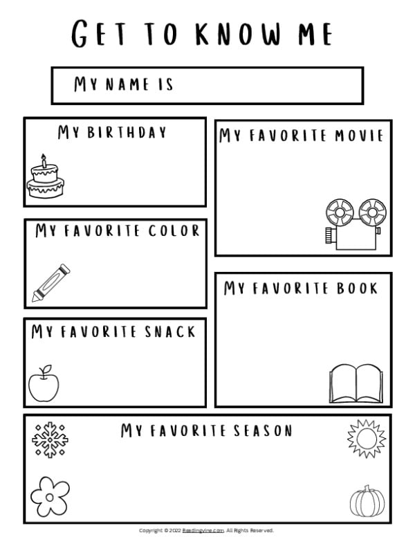 All About Me Writing Activity for Young Learners A child's colorful All About Me Report worksheet with fill-in-the-blank lines for writing personal information and drawings