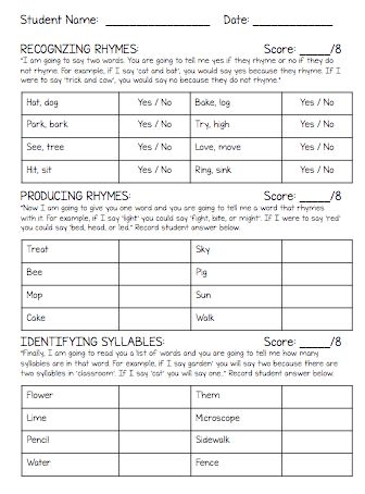 Rhyming Skills Evaluation Exercise 23 for Early Learners Pre-K rhyming knowledge assessment worksheet with picture matching and word pair activities for evaluating phonetic awareness