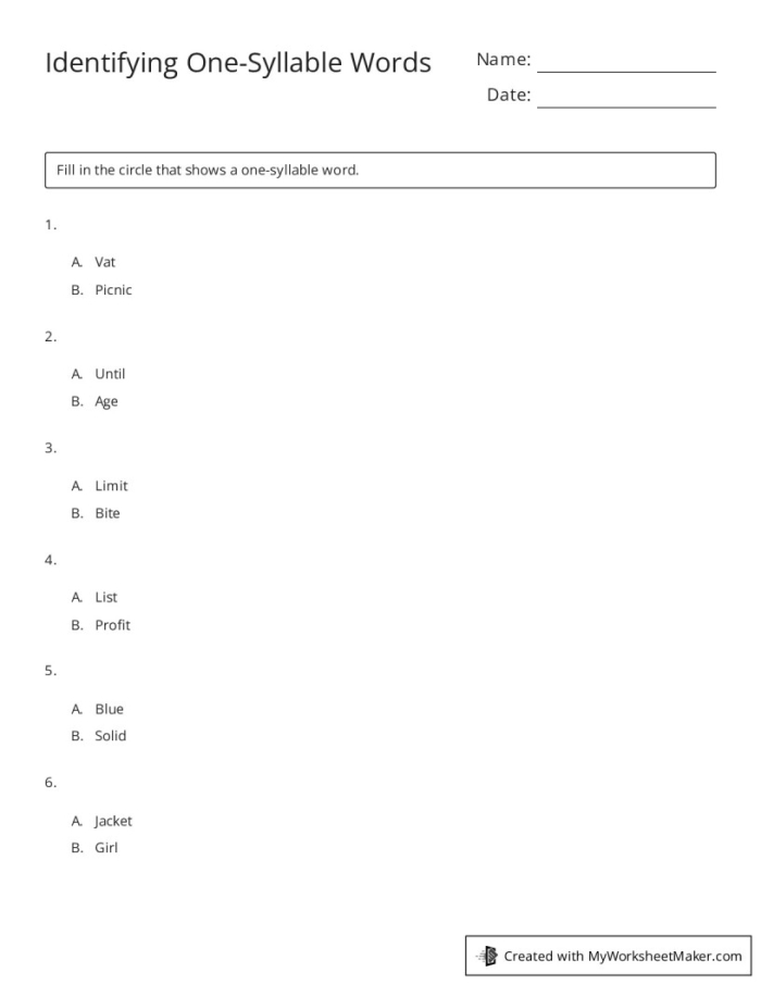 One Syllable Word Search worksheet for Pre-K students focusing on vocabulary practice