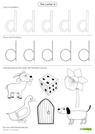 Worksheet featuring items that begin with the letter D for phonics practice