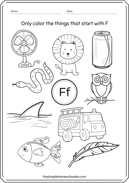 Pre-K phonics worksheet featuring various objects for children to identify items that begin with the letter F