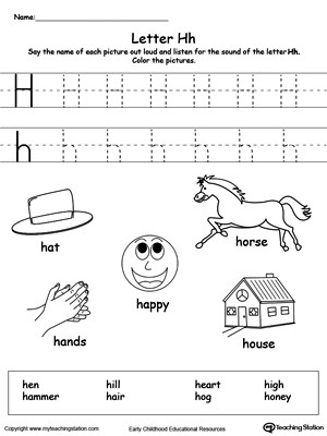 Worksheet featuring items that begin with the letter H for phonics practice in Pre-K