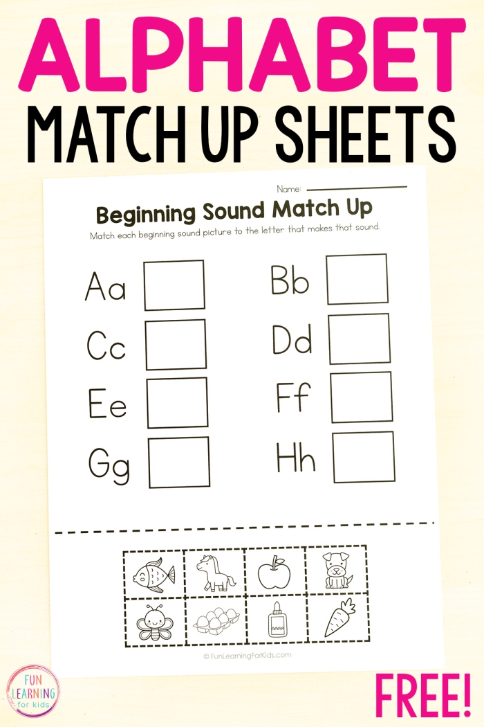 Beginning Sounds Letter Match-Up worksheet featuring various letters and corresponding images for Pre-K students