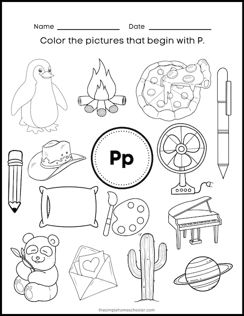 Pre-K phonics worksheet featuring various objects that begin with the letter P