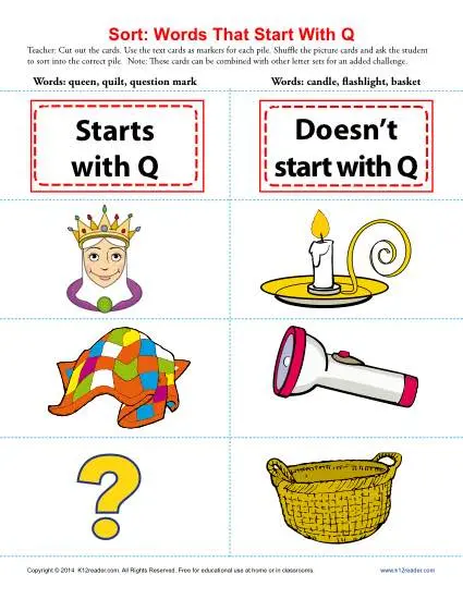 Worksheet featuring items that start with the letter Q for phonics practice