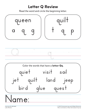 Worksheet featuring items that begin with the letter Q for phonics practice