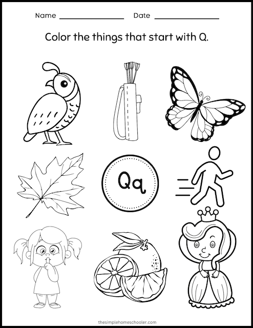 Pre-K phonics worksheet for identifying words and objects that start with the letter Q