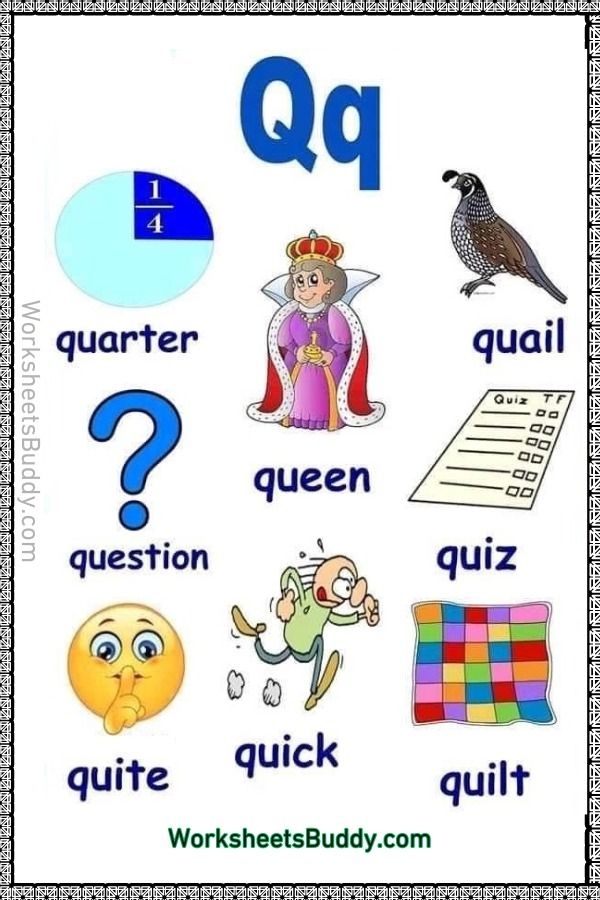 Worksheet featuring items that start with the letter Q for phonics practice