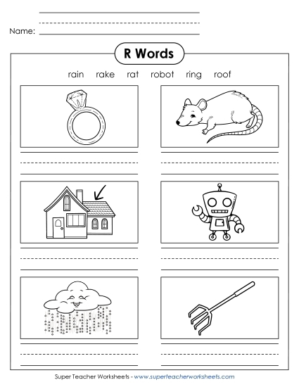 Worksheet featuring various objects that start with the letter R for phonics practice