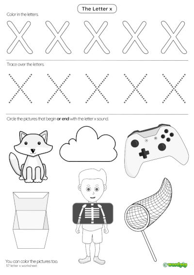 Worksheet featuring various items that begin with the letter X for phonics practice. Things That Start With X worksheet for Pre-K students to explore.