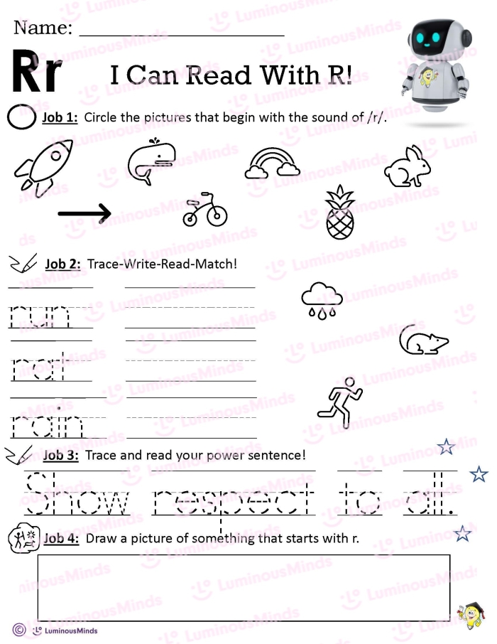 Worksheet featuring various objects that start with the letter R for phonics practice. Things that Start with R! worksheet for Pre-K learners.