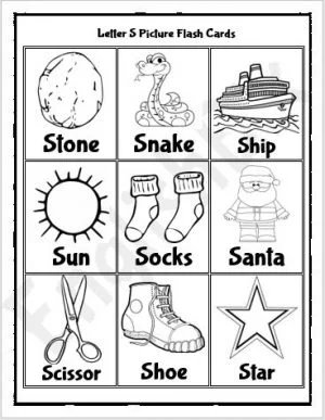 Worksheet featuring various objects that start with the letter S for phonics practice