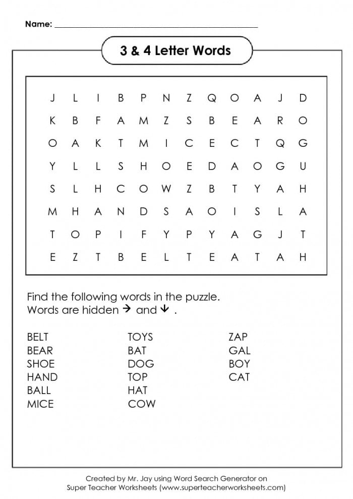 Pre-K printable word search featuring simple one syllable vocabulary practice for early readers