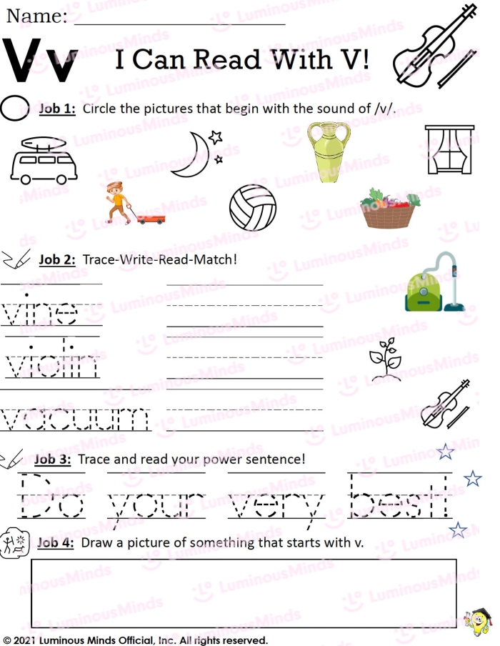 Pre-K phonics worksheet for practicing V and W beginning sounds by coloring images
