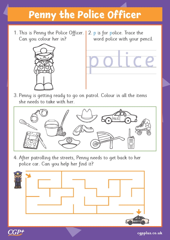 Police Officer Hat and Badge Coloring Page 13 Pre-K worksheet featuring a simple police officer hat and badge outline for coloring