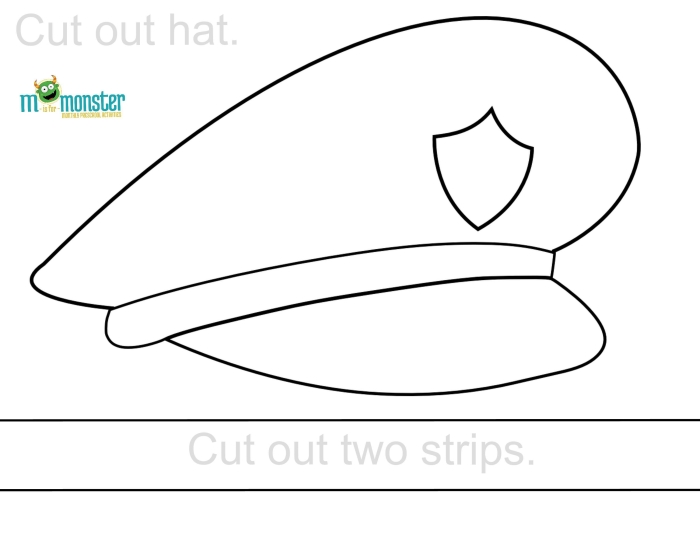 Police Officer Hat and Badge Worksheet 16 Geometry Activity Pre-K geometry worksheet featuring a police officer hat and badge outline for students to color