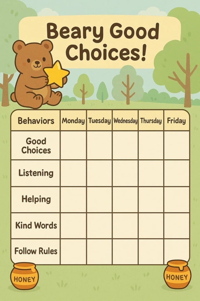 A preschool Good Choice Chart worksheet with colorful stars to track positive behavior and earn rewards