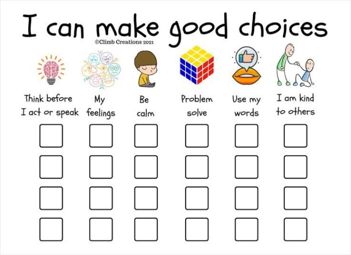 Pre-K student Good Choice Chart worksheet with star reward system for tracking positive behavior at home