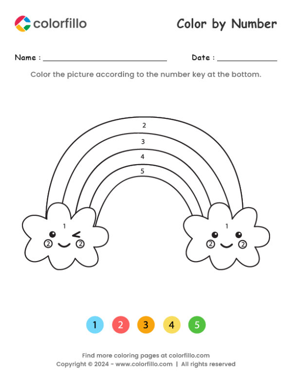 Color by number rainbow worksheet designed for Pre-K children to enhance color recognition and fine motor skills