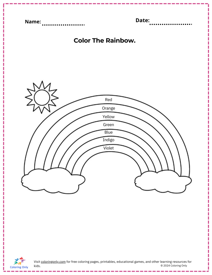 Pre-K worksheet with a rainbow illustration for counting and coloring activity