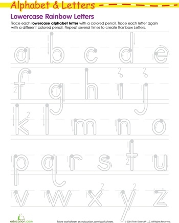 Colorful worksheet for practicing lowercase letters with rainbow designs
