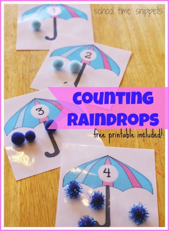 Counting Raindrops worksheet for Pre-K students showing rows of raindrops to count and match with numbers