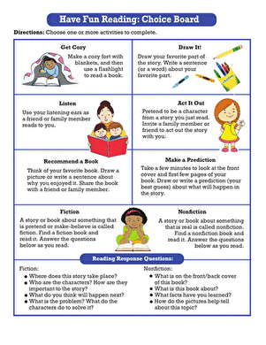 Choice Board worksheet for Pre-K students featuring fun reading activities